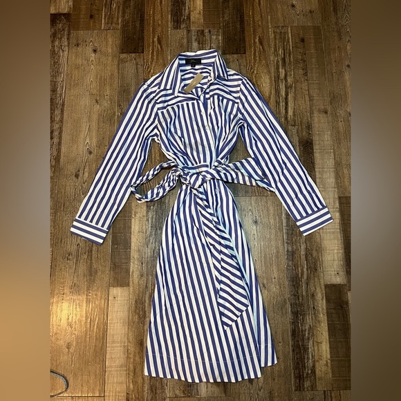 J.Crew NWT Stripe Tie-Waist Shirtdress Blue and White Size 4 - Picture 2 of 8